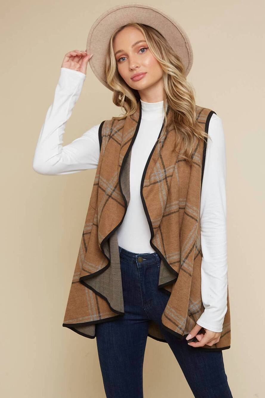 NEW SAINTS & HEARTS canyon winds plaid cascade vest in taupe